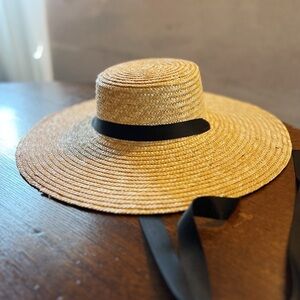 Classic Straw Wide Brim Sun Hat w/Black Ribbon Tie